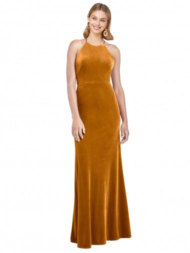 Halter Neckline Long Full Length Velvet Bridesmaid Dress with Strappy Back