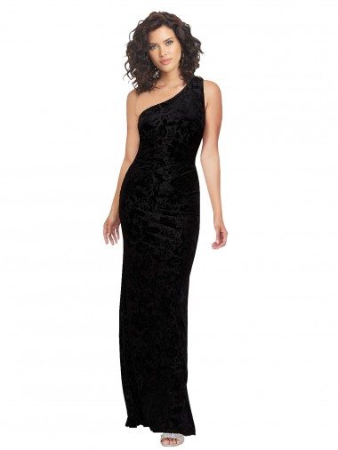 One Shoulder Long Sheath Sleeveless Floral Velvet Bridesmaid Dress