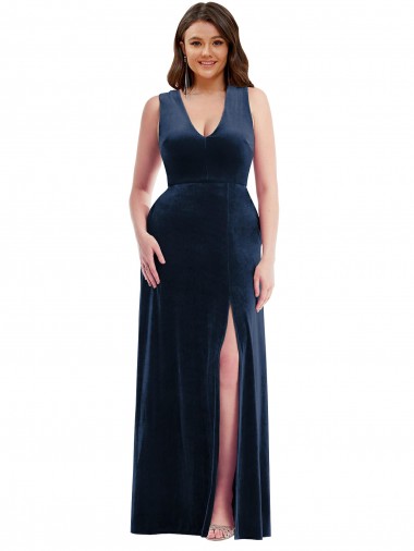 Deep V-Neck Sleeveless Velvet Maxi Bridesmaid Dress with Pockets