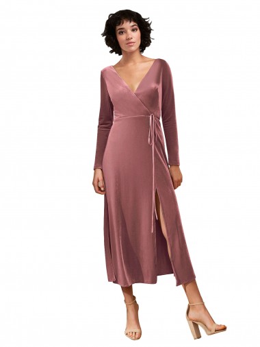 Long Sleeve Velvet Faux Wrap Midi Length Bridesmaid Dress