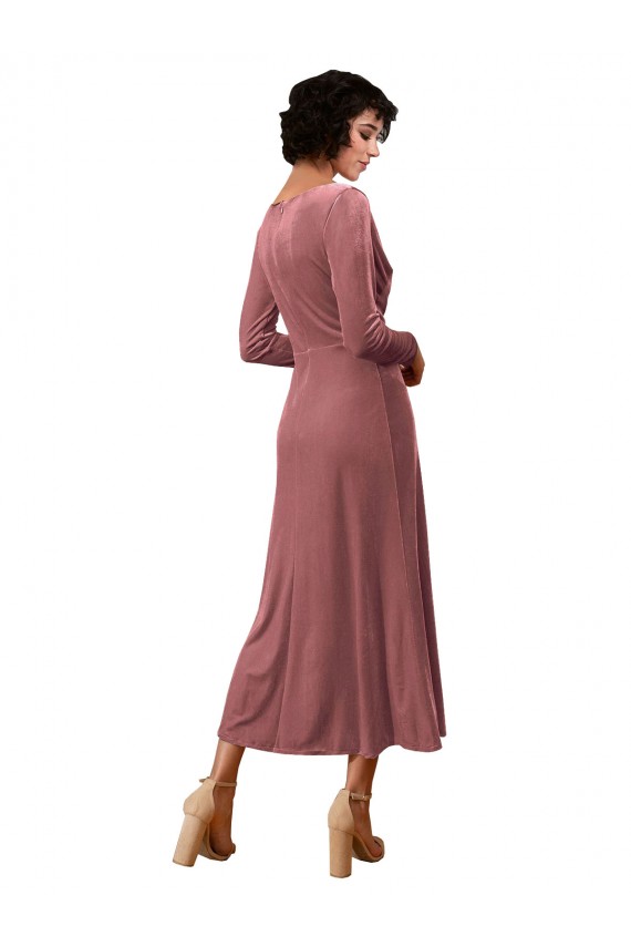 Long Sleeve Velvet Faux Wrap Midi Length Bridesmaid Dress