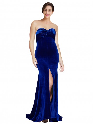 Strapless Ruched Velvet Bridesmaid Dress with Sweep Train and Front Slit