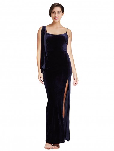 Long Velvet Bridesmaid Dress with Side Thigh Split and Shoulder Tie