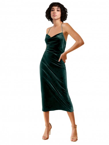 Midi Length Sleek Cowl Neckline Short Velvet Bridesmaid Dress