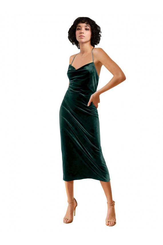 Midi Length Sleek Cowl Neckline Short Velvet Bridesmaid Dress